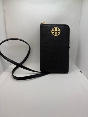 Tory Burch Black Leather Crossbody Phone Wallet with Gold Emblem